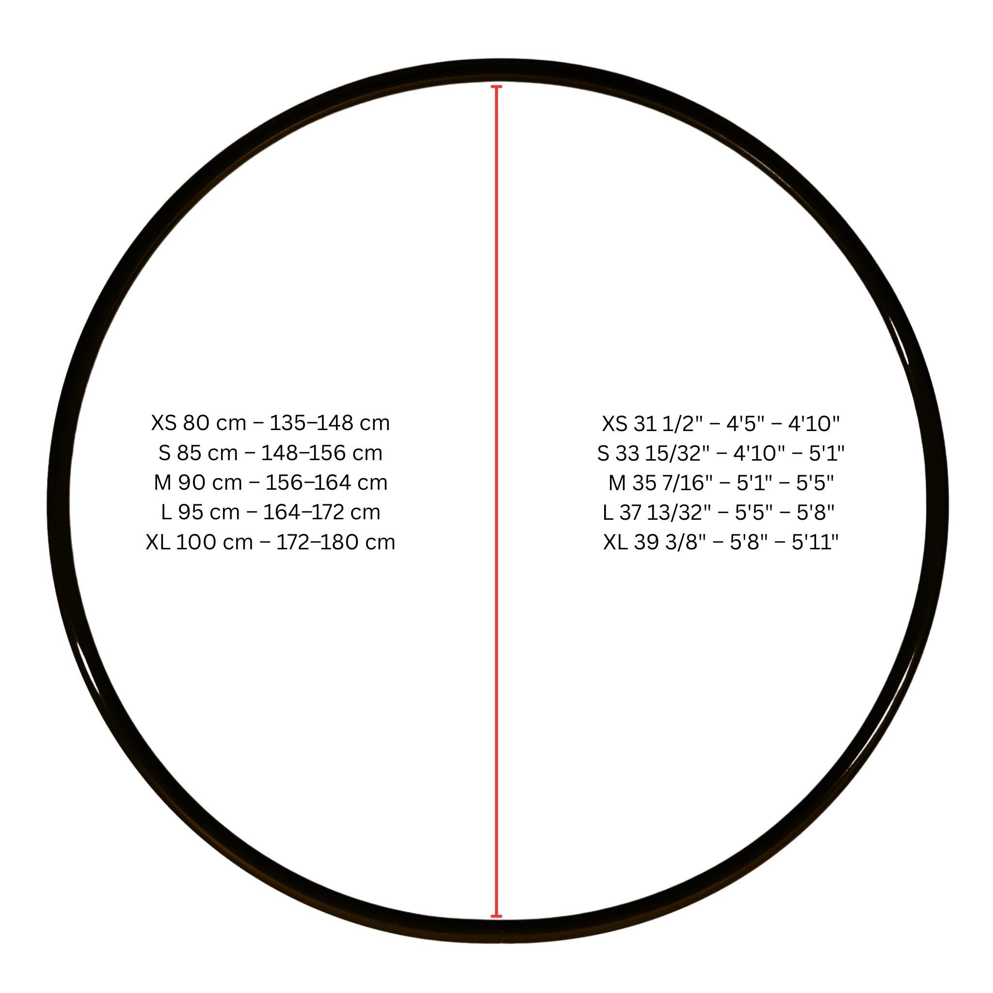 A lyra size chart diagram showing measurements in centimeters and inches for sizes XS through XL, with a red vertical divider line down the center on a white background.